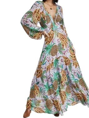 Farm rio lilac mixed fruits v-neck long sleeve maxi dress size Large